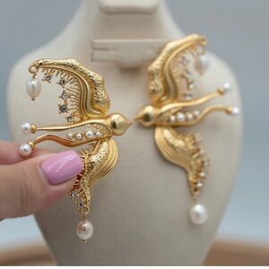 Gold Pearl and Crystal Bird Drop Earrings